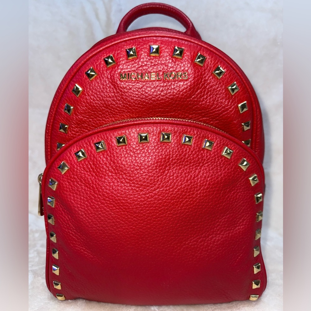 Studded Michael Kors Abbey Red Pebbled Leather Backpack Handbag Gold Hardware
